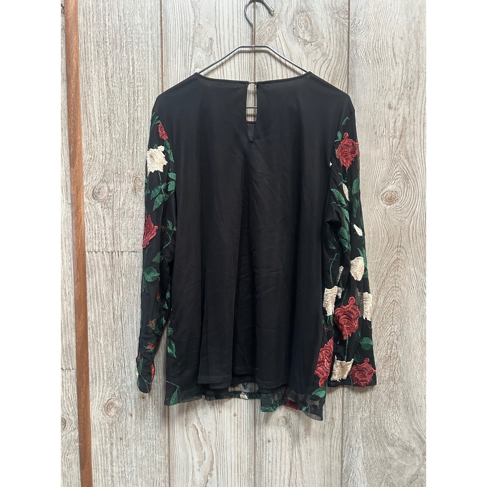 Coldwater Creek Women 1X Black Red Floral Embroidered Mesh Long Sleeve Blouse - Picture 2 of 6